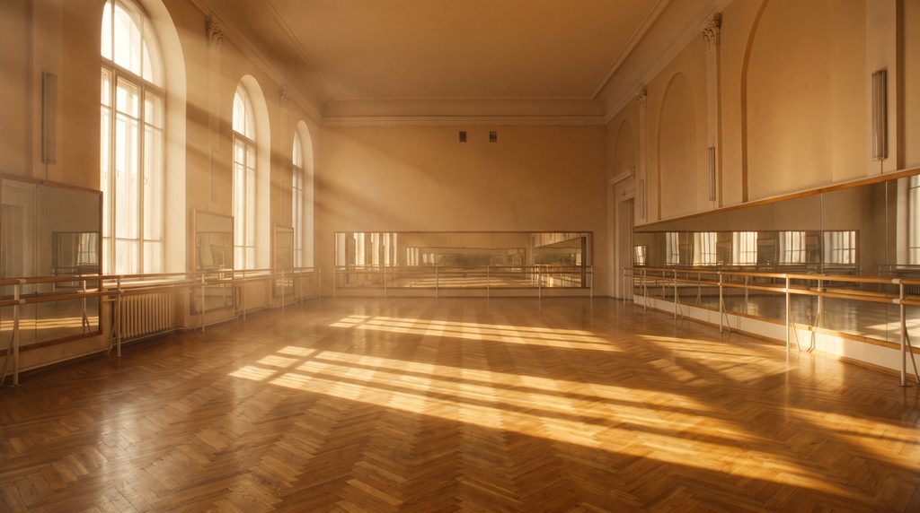 Een lege balletzaal met een wand van spiegels en ochtendlicht op de parketvloer
